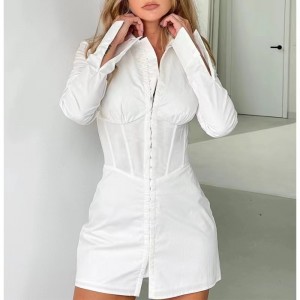 Европейское и американское стиль моды талия с длинными рукавами платье поло в воротнике белая рубашка платье